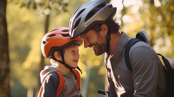 feliz família pai coloca em filho capacete para seguro ciclismo. ai gerado foto