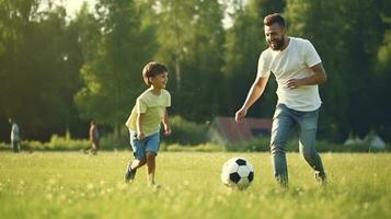 retrato do feliz pai e filho com bola enquanto jogando futebol em verde Relva dentro parque, médio tomada, perfil, comercial tomada, hiper-realista detalhes, simples fundo. ai gerado foto