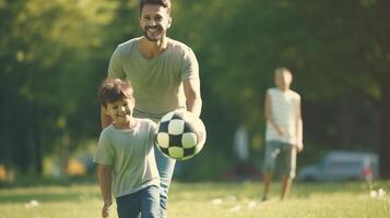 retrato do feliz pai e filho com bola enquanto jogando futebol em verde Relva dentro parque, médio tomada, perfil, comercial tomada, hiper-realista detalhes, simples fundo. ai gerado foto