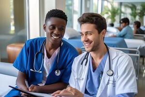 dois jovem médicos em pé dentro uma médico instalação dentro a hospital generativo ai foto