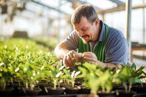 homem com baixa síndrome trabalhando com plantas. ai gerado foto