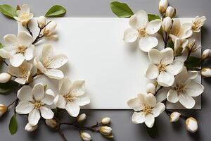 uma deitar plano Casamento estilo sobre uma branco borda com uma em branco papel observação. ai gerado foto