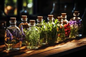 a sortimento do essencial óleo garrafas com fresco plantas a partir de que eles estão derivado, gostar lavanda, hortelã-pimenta, e alecrim, arranjado em uma de madeira superfície. ai gerado foto