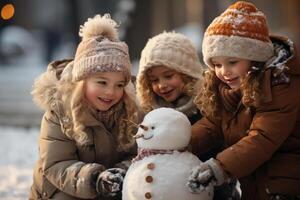 crianças construção uma boneco de neve dentro uma inverno país das maravilhas, Natal. ai gerado foto