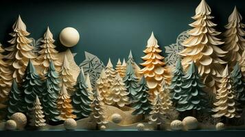 Natal papel dentro a Formato do abeto árvores, dentro a estilo do único enquadramento e composição. ai gerado foto
