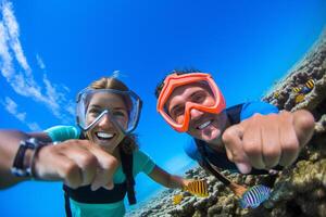 feliz casal snorkeling dentro uma Maravilhoso coral recife. ai gerado foto