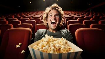 homem comendo Pipoca dentro uma filme teatro, sentado e comendo Pipoca. ai gerado foto