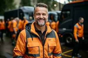 retrato uma feliz masculino sorridente caminhão motorista recipiente. ai gerado foto