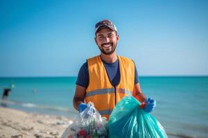 retrato fechar acima sorridente misturado raça voluntário homem colecionar Lixo em a de praia. ai gerado foto