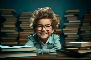retrato do uma feliz criança pequeno Garoto com óculos sentado em uma pilha do livros e lendo uma livros. ai gerado foto