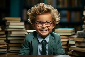 retrato do uma feliz criança pequeno Garoto com óculos sentado em uma pilha do livros e lendo uma livros. ai gerado foto