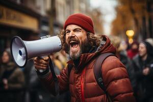 retrato do uma homem gritos para dentro uma megafone durante uma protesto. ai gerado foto