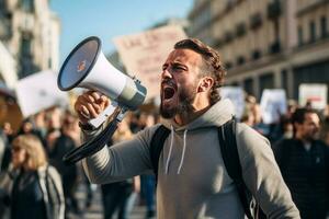 retrato do uma homem gritos para dentro uma megafone durante uma protesto. ai gerado foto