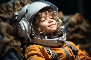 retrato do pequeno criança menina dentro a astronauta fantasia. ai gerado foto