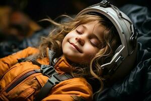 retrato do pequeno criança menina dentro a astronauta fantasia. ai gerado foto