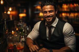 retrato sorridente barman mistura uma coquetel dentro uma agitador. ai gerado foto