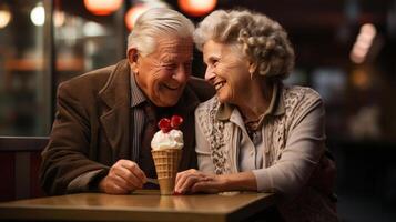 doce Senior casal comendo gelo creme ai gerado foto