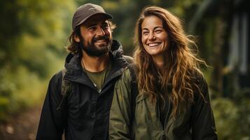 feliz jovem casal explora natureza de bicicleta . ai gerado foto