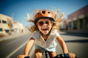 retrato do uma pequeno menina equitação bicicleta, borrado azul céu fundo. ai gerado foto