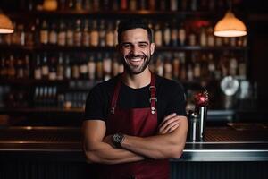 retrato sorridente barman mistura uma coquetel dentro uma agitador. ai gerado foto