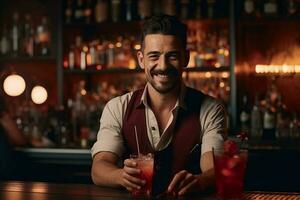 retrato sorridente barman mistura uma coquetel dentro uma agitador. ai gerado foto