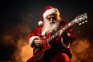 uma pessoa vestido Como santa claus tocam elétrico guitarra. ai gerado foto