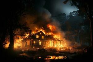 uma queimando casa sentado em fogo de a Sombrio noite. ai gerado foto