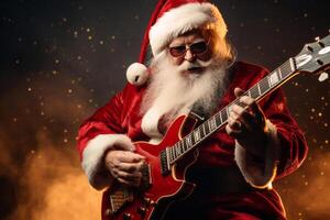 uma pessoa vestido Como santa claus tocam elétrico guitarra. ai gerado foto