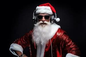 funky louco santa claus dj fone de ouvido cantar música som melodia ouço música em Preto fundo. ai gerado foto