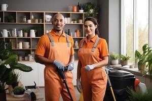 profissional misturado raça zeladores dentro uniforme fazendo Primavera limpeza do moderno casa. ai gerado foto