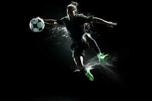 futebol jogador dentro meio ar chutando bola em uma Preto fundo . ai gerado foto
