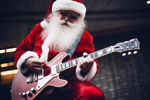 uma pessoa vestido Como santa claus tocam elétrico guitarra. ai gerado foto