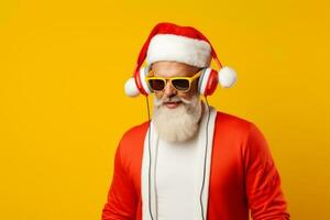 funky louco santa claus dj fone de ouvido cantar música som melodia ouço música em amarelo fundo. ai gerado foto