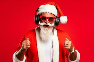 funky louco santa claus dj fone de ouvido cantar música som melodia ouço música em vermelho fundo. ai gerado foto