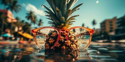 abacaxi vestindo oculos de sol dentro uma árvore em a costa. ai gerado foto