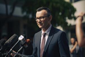 político dando discurso às pressione conferência. generativo ai foto