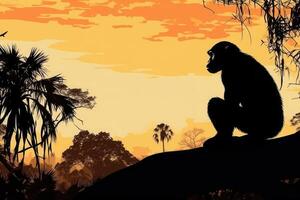 silhueta do macaco às pôr do sol. animal dentro selvagem natureza. generativo ai foto