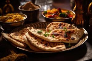 naan pão dentro placa. pão sírio com especiarias. indiano cozinha. generativo ai foto