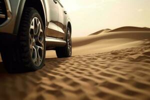 quatro roda dirigir suv é dirigindo dentro deserto. generativo ai foto