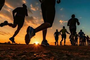 corredores silhuetas Treinamento às pôr do sol. esporte Atividades ao ar livre. generativo ai foto