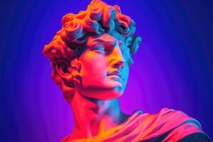 gesso Antiguidade estátua com néon colori fundo. generativo ai foto