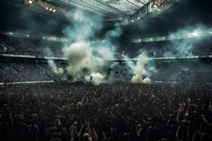 futebol estádio com aceso luzes, chamas e fumaça bombas. generativo ai foto