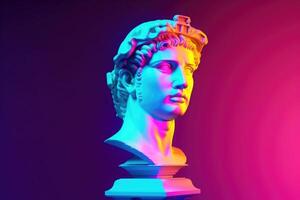 gesso Antiguidade estátua com néon colori fundo. generativo ai foto