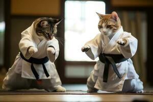 dois gatos vestindo quimono para marcial artes às treinamento. generativo ai foto