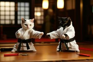 dois gatos vestindo quimono para marcial artes às treinamento. generativo ai foto