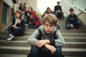 escola Garoto sentado sozinho às escadaria. vítima do escola assédio moral. generativo ai foto
