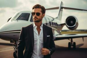 homem de negocios dentro terno carrinhos Próximo para privado avião. generativo ai foto