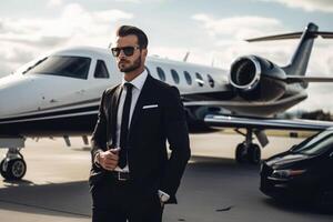 homem de negocios dentro terno carrinhos Próximo para privado avião. generativo ai foto