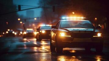 polícia carro com pisca-pisca luzes às noite rua. generativo ai foto