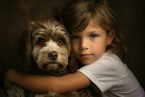menina e cachorro retrato. animal Cuidado. pessoas emoções. generativo ai foto